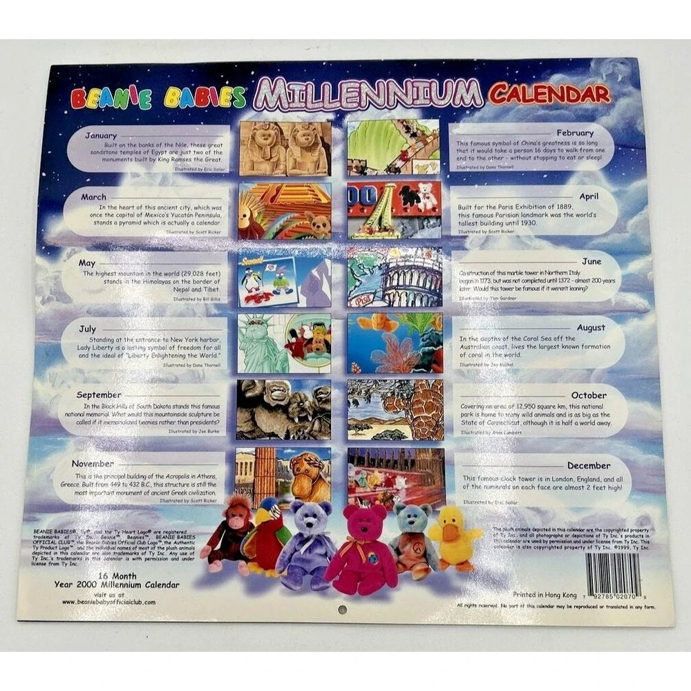 TY‎ Beanie Babies Millennium Year 2000 Wall Calendar 16 Months SKU BB30